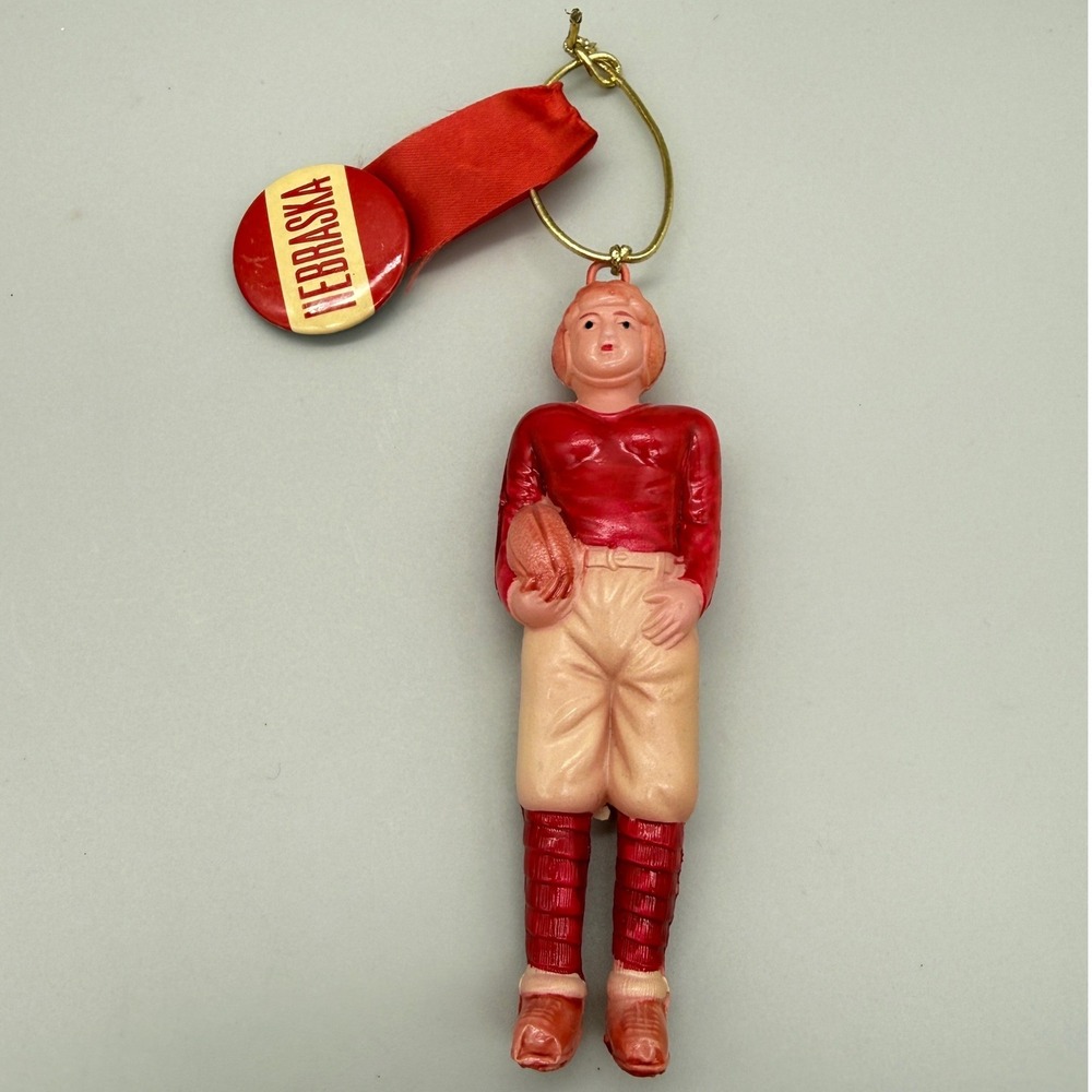 Vintage Nebraska Football Player Celluloid Figure Occupied Japan Pinback Ribbon